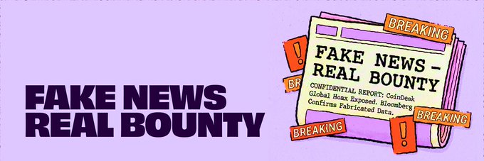 The image features a purple banner with white text that reads "Fake News Real Bounty" above an image of a fake news headline, which includes a fake newspaper and fake bullet points. The caption below the banner states "Focus on what is in the image and how it relates to the post".