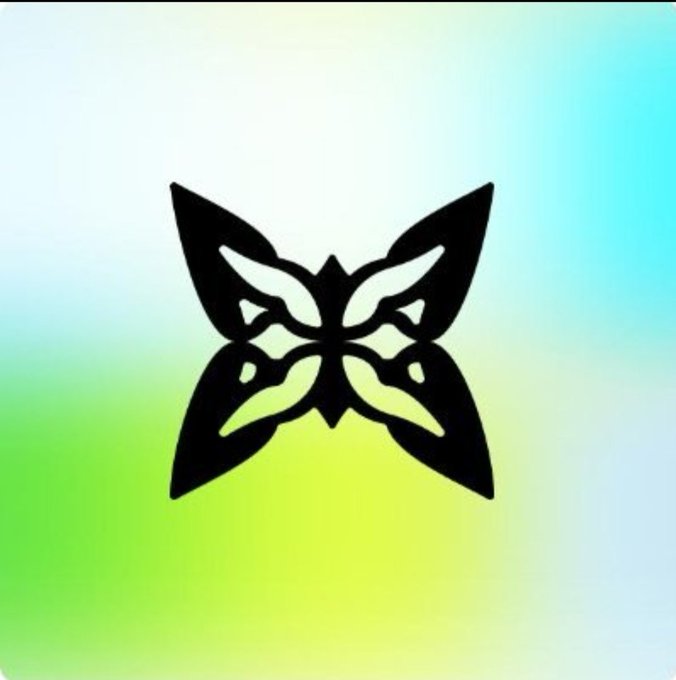 A symmetrical black geometric logo resembling a butterfly or tribal mask design, set against a soft gradient background transitioning from light blue/white at the top to green/yellow at the bottom.