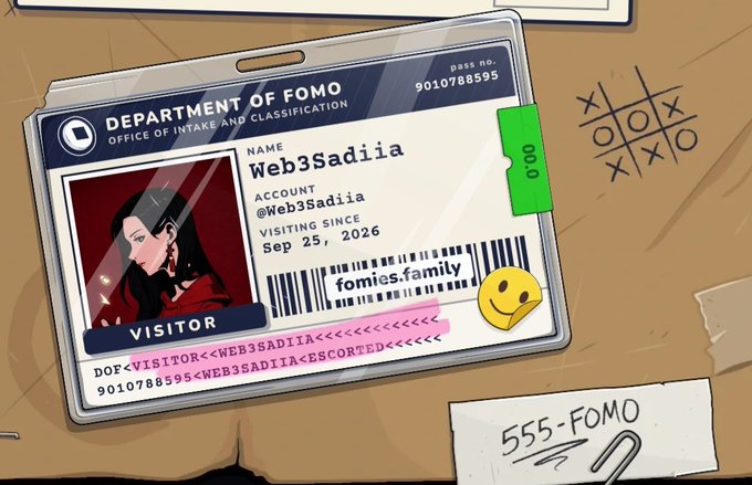 An illustrated 'Department of FOMO' visitor ID badge for user Web3Sadia from fomies.family, dated Sep 25, 2026, with a green 000 tag.
