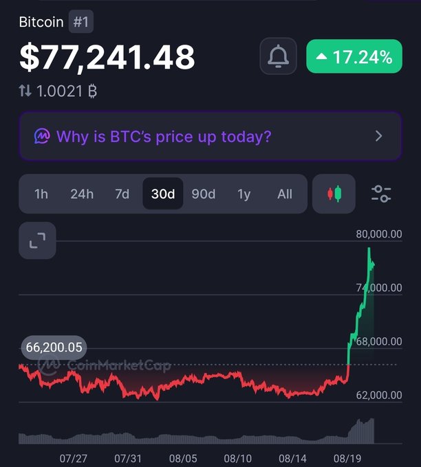 A Bitcoin price chart from CoinMarketCap showing BTC at $77,241.48 with a 17.24% gain over 30 days, displaying a dramatic price spike on the graph.
