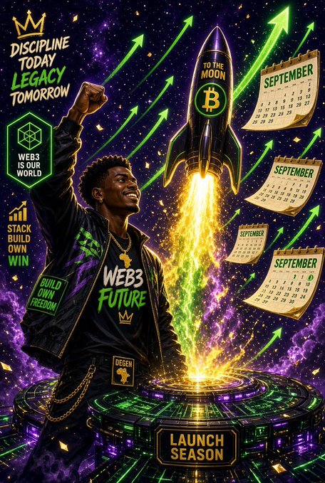 A vibrant Web3-themed poster featuring a young man celebrating next to a rocket labeled 'TO THE MOON' with a Bitcoin logo, surrounded by motivational text including 'DISCIPLINE TODAY LEGACY TOMORROW', 'STACK BUILD OWN WIN', and 'LAUNCH SEASON', along with multiple September calendars.