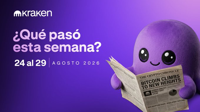 A purple graphic featuring the 'kraken' logo and Spanish text '¿Qué pasó esta semana? 24 al 29 AGOSTO 2026', alongside a purple octopus character holding a newspaper titled 'THE CRYPTO CHRONICLE' with a headline 'BITCOIN CLIMBS TO NEW HEIGHTS'.