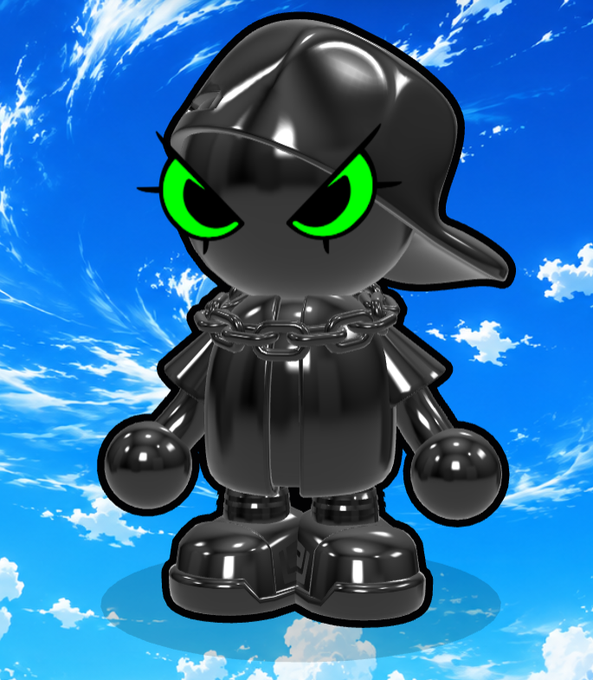 A 3D rendered black robotic character with glowing green eyes, a backwards cap, and a chain necklace, standing against a backdrop of a bright blue sky with white clouds.