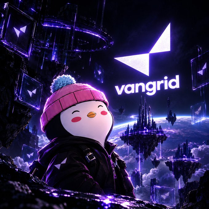 A promotional image featuring a cute penguin character wearing a pink winter hat, with the 'vangrid' logo and futuristic purple-lit floating islands in the background.