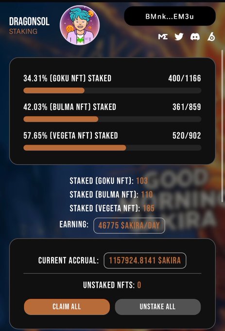 A staking dashboard for "DRAGONSOL" shows NFT staking progress for Goku, Bulma, and Vegeta, with a daily earning rate of "46775 SAKIRA/DAY" and a current accrual of "1157924.8141 SAKIRA".