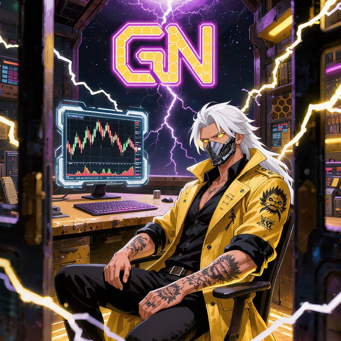 An anime-style illustration shows a white-haired man in a yellow trench coat sitting in a high-tech room with a 'GN' neon sign and a trading chart on the monitor.