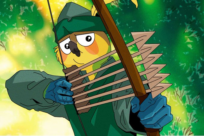An animated illustration of a yellow character in green medieval archer attire, holding a bow and arrows.