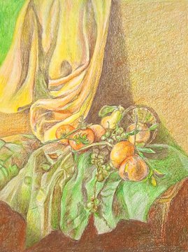 A colored pencil drawing of a still life featuring fruit, including grapes and peaches, resting on green fabric next to a yellow draped cloth.