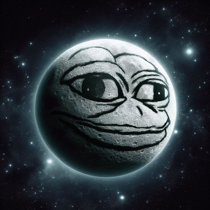 A digital artwork of a moon in space featuring the classic smug face of the Pepe the Frog meme drawn onto its cratered surface.
