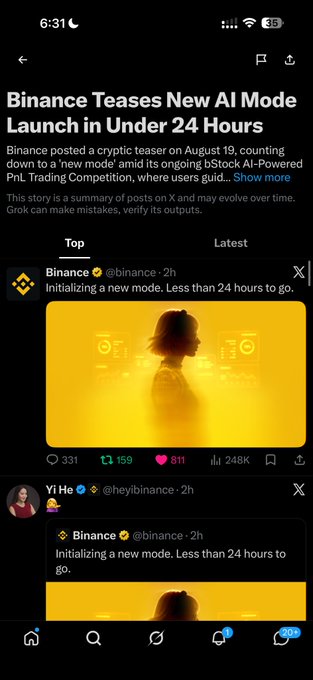 A mobile screenshot shows a headline "Binance Teases New AI Mode Launch in Under 24 Hours" above a tweet from @bininance posted 2 hours ago stating "Initializing a new mode. Less than 24 hours to go," featuring a yellow-tinted image of a silhouette. The post pairs with the ticker $bAI, suggesting Binance is preparing to launch a new AI-related offering or token.