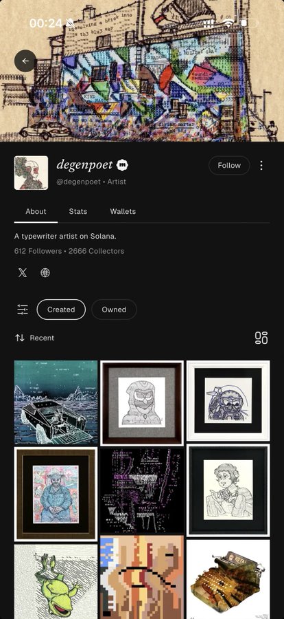 A screenshot of an NFT profile page for "degenpoet" (@degenpoet), an artist on Solana with 612 followers and 2,666 collectors, showcasing a typewriter art piece (with "00:24" visible) alongside a gallery grid of their created works. The post's excited "this is going to be AWESOME" caption likely refers to an upcoming art release or announcement from this typewriter artist.