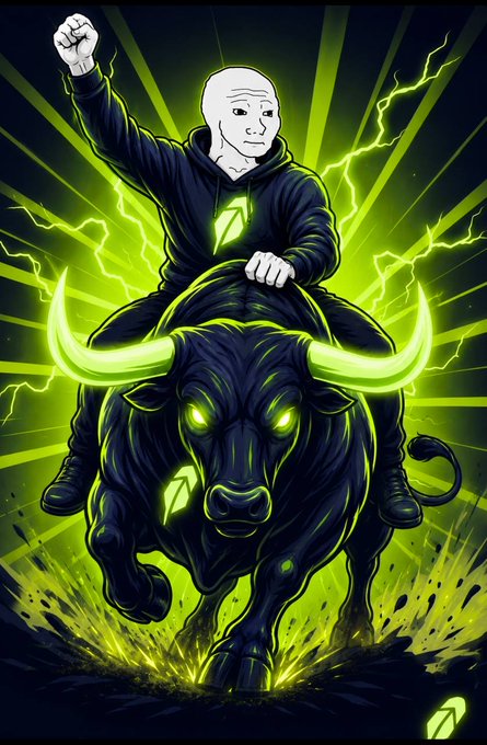 An illustration of a Wojak-style bald character in a black hoodie riding a glowing green bull with horns, surrounded by lightning bolts.