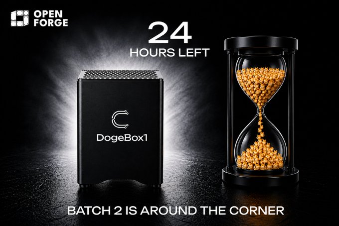 A promotional image for Open Forge's "DogeBox1" Batch 2 features a black box alongside an hourglass with golden grains, displaying "24 HOURS LEFT" and the caption "BATCH 2 IS AROUND THE CORNER." The hourglass visually reinforces the post's urgency about the limited time remaining before the next batch launches.