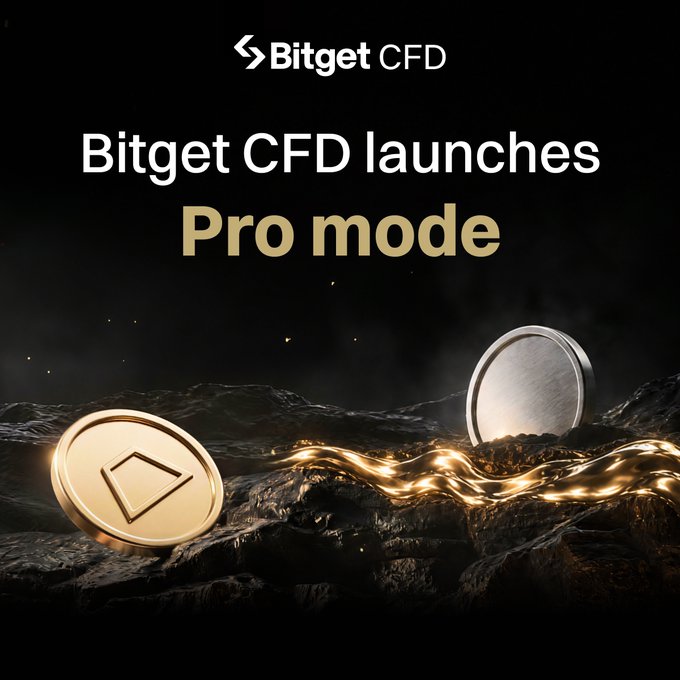 A promotional graphic with the text 'Bitget CFD launches Pro mode' over a dark background with two coins resting on a rocky surface.