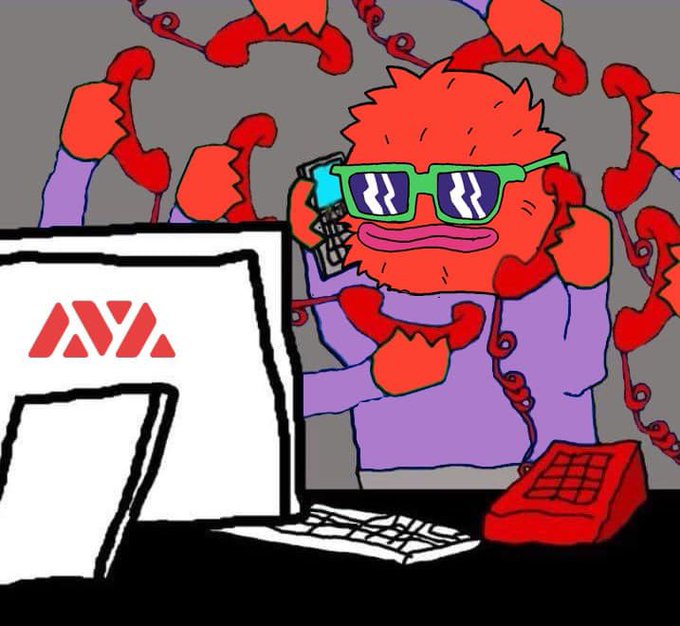 A cartoon lobster in green sunglasses talks on a phone at a computer displaying the AVAX (Avalanche) logo, with multiple lobster hands giving thumbs up in the background—capturing a celebratory, bullish mood after a positive call with crypto community members.