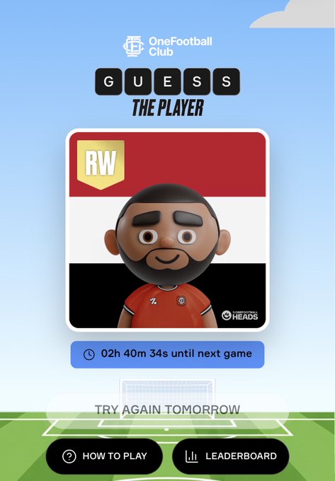 The image features an advertisement for a football guessing game called "Guess The Player" by OFC Club. It shows a cartoon character, likely a soccer player or a football enthusiast, wearing a red shirt with a black and white pattern on it. The background of the image is a green field with a soccer ball visible in the distance. The text on the image reads: "Guess The Player", "The Player", "Rw", "02:24", "40m until next game", and "How to play".