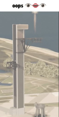 The image shows a tall, gray metal structure with an antenna extending from its top. The text "Oops" appears at the top of the photo as well as above some parts of the structure. There are no people or objects visible within the frame. The main focus is on the large structure and its connection to the post's content.