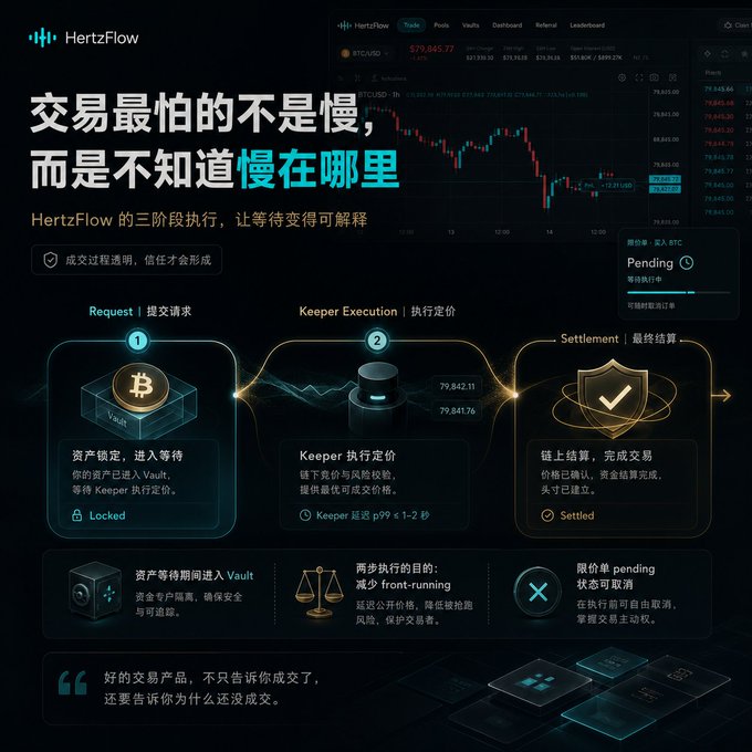 HertzFlow marketing graphic illustrating its three-stage trade execution process (Request, Keeper Execution, Settlement) for BTC/USD trades, featuring a BTC chart at $79,845.77 and emphasizing that "the scariest thing in trading isn't being slow, but not knowing where the slowness is," which complements the post's point that the two-step design provides transparency around delays rather than just raw speed.