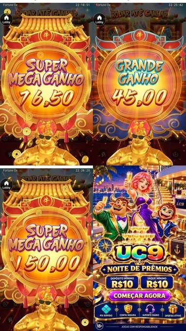 A collage of four mobile game screenshots showing jackpot amounts in Portuguese, including 'SUPER MEGA GANHO 116.50', 'GRANDE GANHO 45.00', 'SUPER MEGA GANHO 150.00', and a 'UC9 NOITE DE PRÊMIOS' promotion screen.
