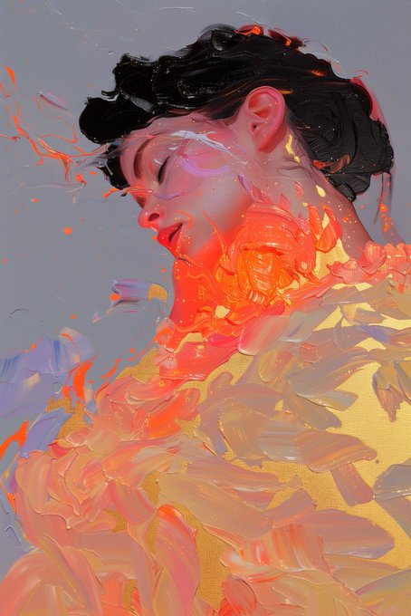 A digital painting with thick brushstrokes showing a person with dark hair in profile, featuring an abstract, fiery orange and pink rendering of the torso against a gray background.