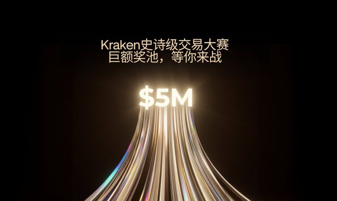 A promotional graphic with Chinese text 'Kraken史诗级交易大赛 巨额奖池，等你来战' announcing a Kraken trading competition with a $5M prize pool.
