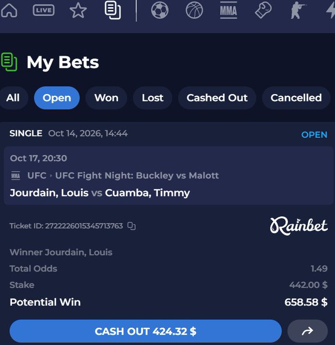 A mobile sports betting app screenshot showing a 'My Bets' open wager on a UFC Fight Night: Buckley vs Malott match (Jourdain, Louis vs Cuamba, Timmy) on Rainbet, with a $442.00 stake, 1.49 total odds, and a potential win of $658.58.