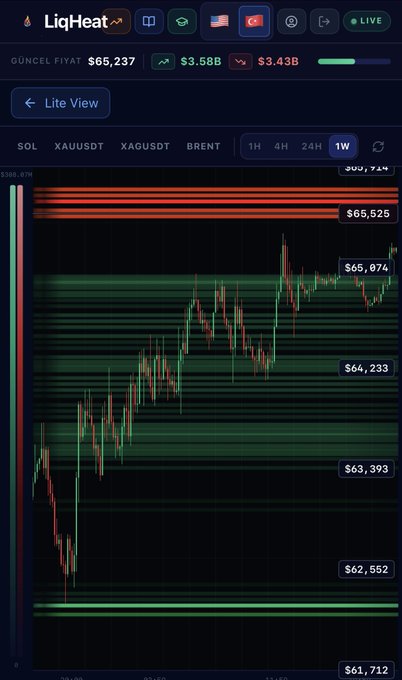 A LitqHeat Lite View chart displays BTC price action in the $61,712–$66,074 range, with horizontal liquidation heat zones highlighted in red and green bands. The chart illustrates the post's note about the "$65,525" first liquidation resistance level for Bitcoin.