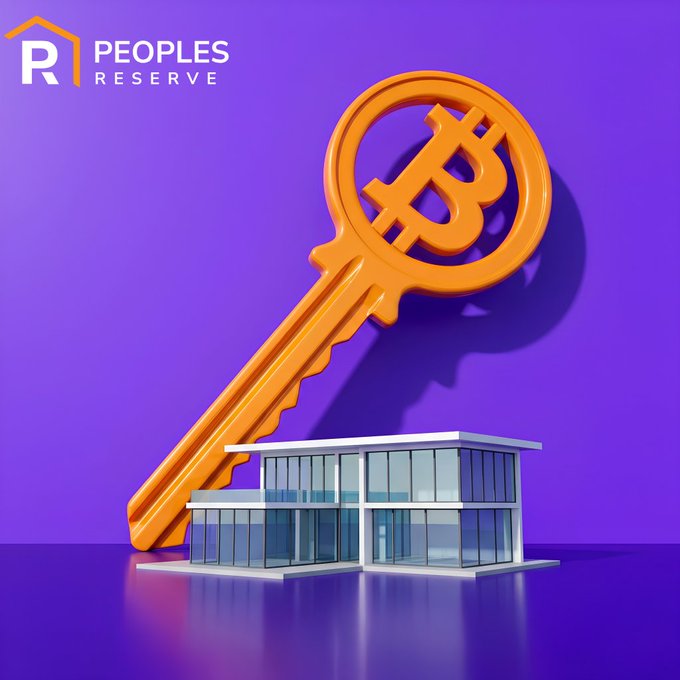 A large orange key shaped like the Bitcoin logo rests against a modern glass house on a purple background, with the "Peoples Reserve" logo in the top-left corner. The imagery visually represents the post's message of using Bitcoin as collateral to buy a home while retaining ownership of the cryptocurrency.
