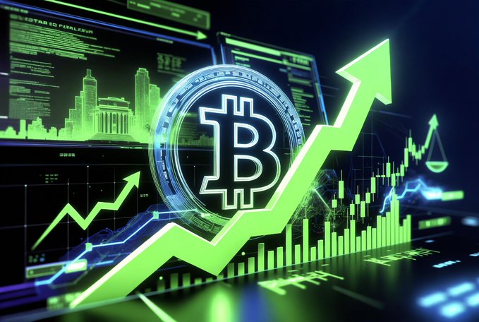 A stylized digital graphic showing the Bitcoin symbol surrounded by green upward-trending arrows and stock charts, symbolizing bullish crypto market growth.