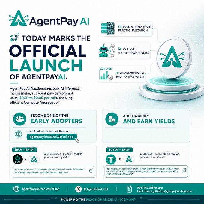 An announcement graphic for the official launch of AgentPay AI, detailing bulk AI inference fractionalization into sub-cent pay-per-prompt units ($0.01 to $0.05 per call), with liquidity pool addresses for $BOT/$APAY and $USDT/$APAY.