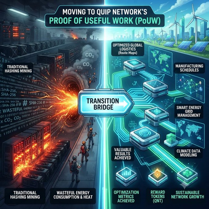 Infographic titled 'MOVING TO QUIP NETWORK'S PROOF OF USEFUL WORK (PoUW)' contrasts traditional hashing mining (wasteful energy, CO2 emissions) with PoUW benefits like optimized logistics, smart energy grid management, climate data modeling, and QNT reward tokens.