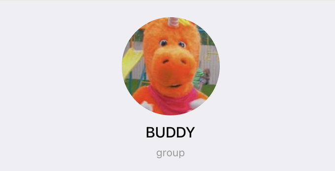 A circular profile image shows a colorful orange puppet character above the text "BUDDY" and "group," which appears to be a Telegram group avatar for a cryptocurrency project launching on Solana. The image serves as the visual identity for the "BUDDY" group referenced in the post promoting a token launch.