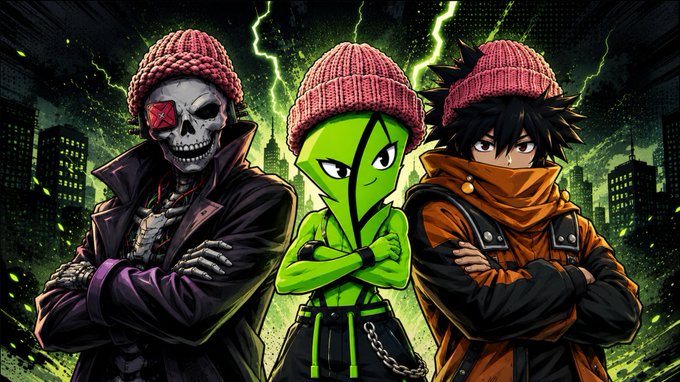 A stylized anime/manga-style illustration featuring three characters wearing pink beanies, including a skeleton, an alien-like figure, and a spiky-haired character, set against a green lightning cityscape.
