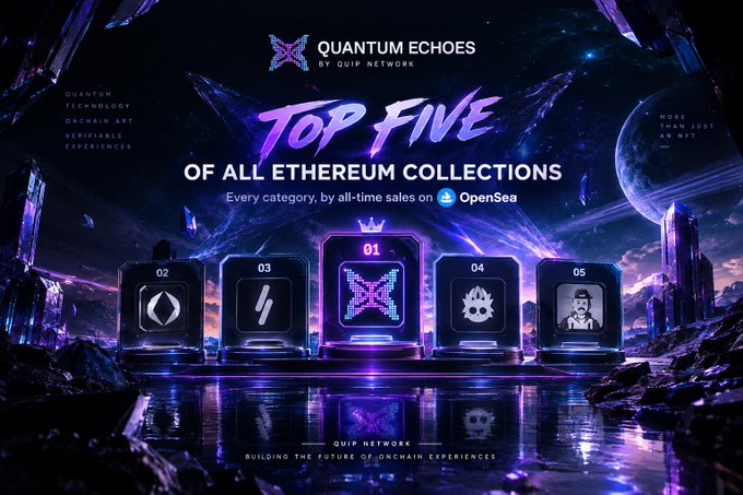 A promotional graphic for "QUANTUM ECHOES by QUIP NETWORK" displaying the "TOP FIVE OF ALL ETHEREUM COLLECTIONS" by all-time sales on OpenSea, with #01 highlighted in purple with a crown.
