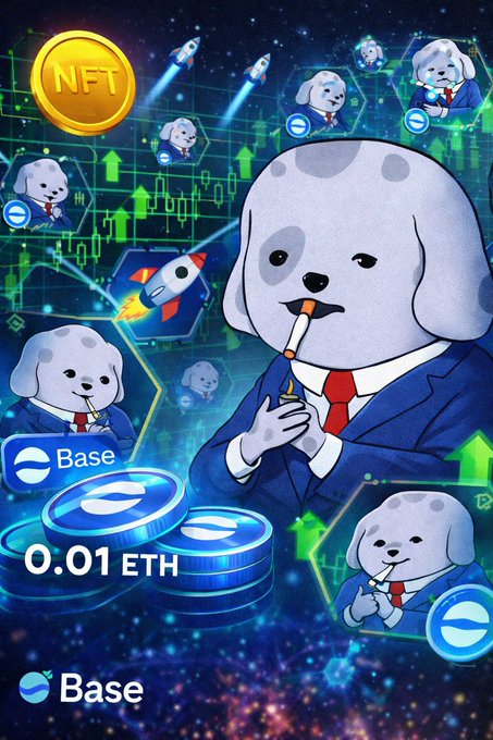 The image features a cartoon dog wearing a suit, holding a cigarette and standing against a backdrop of stars and planets. The text at the bottom of the image reads "Base #NFT #Crypto #Web3 #BaseChain #NFTMint #DeFi". This suggests that there is an opportunity to invest in cryptocurrency or participate in a web3 project on the 4th limited edition, which has been described as a "Different kind of Free Mint" by the post. The image also includes other cartoon dogs and various objects such as coins and stars, adding to its whimsical and creative nature.
