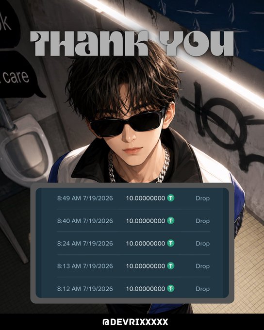 A stylized illustration of a young man wearing sunglasses and a chain is overlaid with "THANK YOU" at the top and a list of five 10 USDT drops dated 7/19/2026, captioned @DEVRIXXXXX—visually showcasing the received Stake drop codes mentioned in the post.
