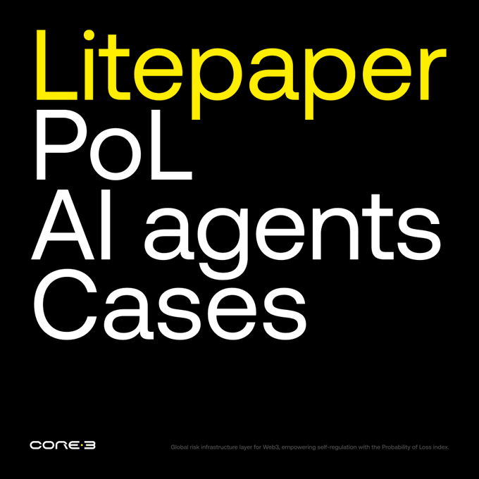 Minimalist black poster with yellow and white text reading 'Litepaper Pol AI Agents Cases' by CORE8, with a small tagline at the bottom about Web3 risk infrastructure.