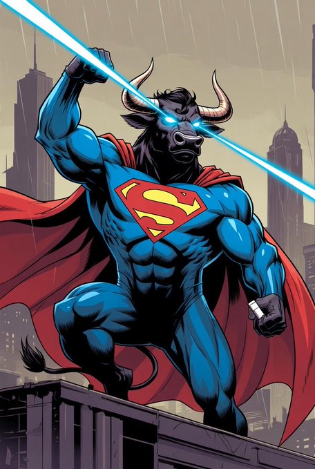 A comic-style illustration of a muscular minotaur superhero with glowing blue laser eyes, wearing a Superman-style costume with a red cape and the iconic 'S' shield, standing in a powerful pose against a city skyline.