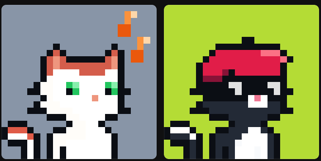 Two pixel art characters: a white and orange cat on a blue background and a black cat wearing a red bandana on a green background, each holding a sign.
