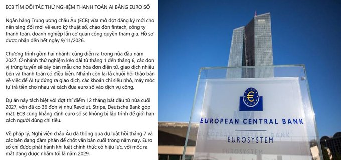 A Vietnamese news article titled "ECB TÍM ĐỐI TÁC THỬ NGHIỆM THANH TOÁN AI BẰNG EURO SỐ" displayed next to a photograph of the European Central Bank (Eurosystem) headquarters building in Frankfurt.
