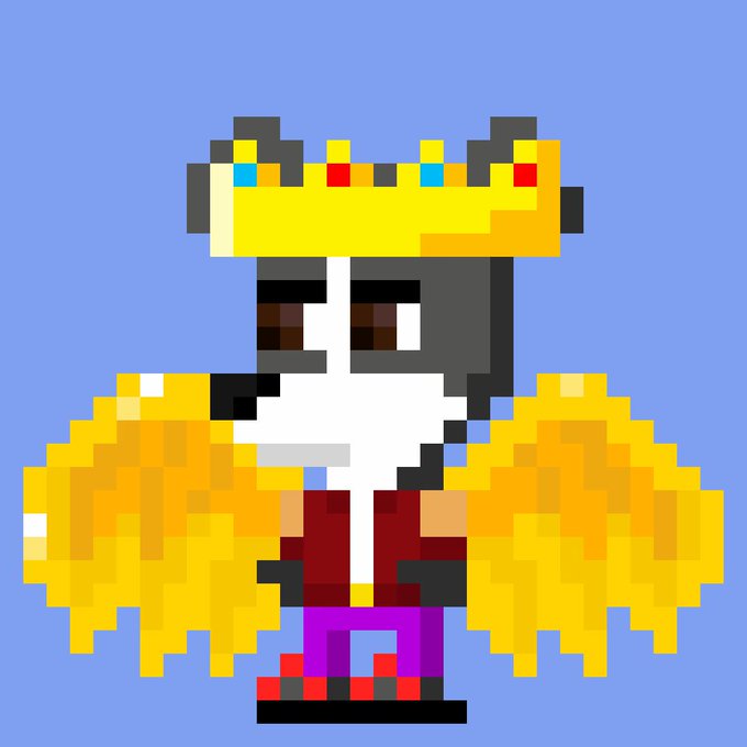 Pixel art of a penguin character wearing a yellow crown, red vest, and purple pants, with large golden wings against a light blue background.
