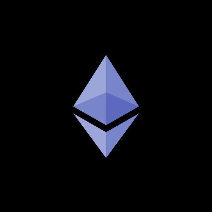 The blue Ethereum (ETH) logo, a diamond-shaped geometric symbol, displayed on a black background.