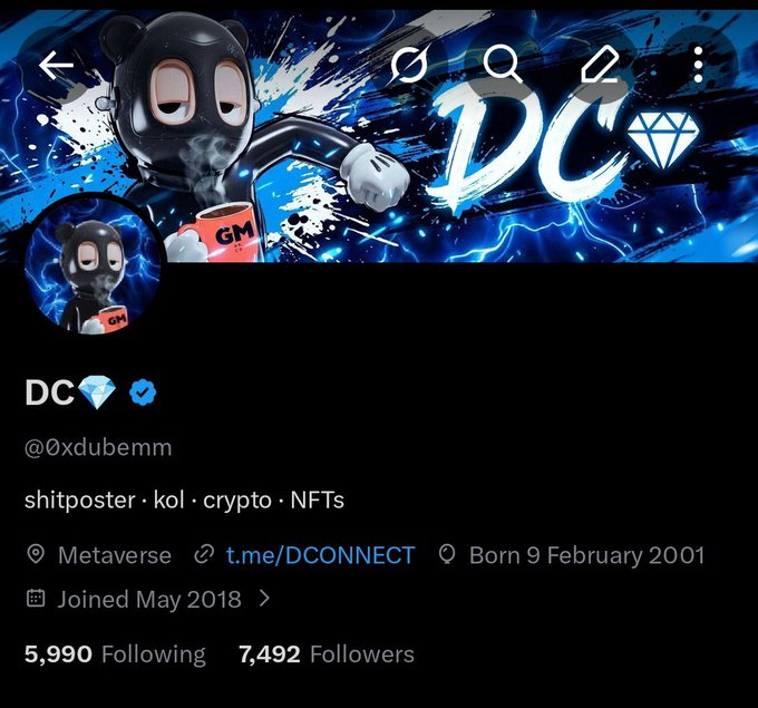 The image shows a Twitter/X profile for "DC 💎" (@0xdubemm), a self-described "shitposter · kol · crypto · NFTs" account with a verified blue check, 5,990 Following, and 7,492 Followers, featuring a cartoon bear character with "DC" graffiti and diamond branding. The post's caption "a ct account with 0 haters:" humorously plays on the bear holding a coffee mug with "GM" (good morning), a common crypto-twitter greeting, suggesting the account spreads positivity without attracting critics.
