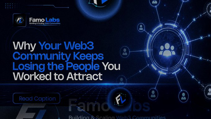 Famo Labs promotional banner titled 'Why Your Web3 Community Keeps Losing the People You Worked to Attract' with a 'Read Caption' button.