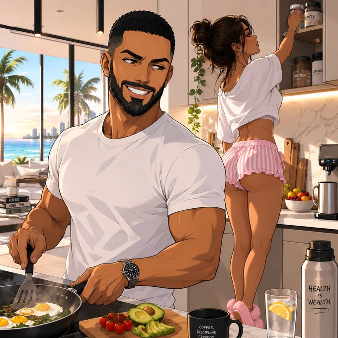 An illustrated scene of a muscular bearded man cooking eggs while a woman in pink striped shorts reaches for supplements on a shelf, with a 'Health is Wealth' water bottle and 'Coffee, Discipline' mug visible.