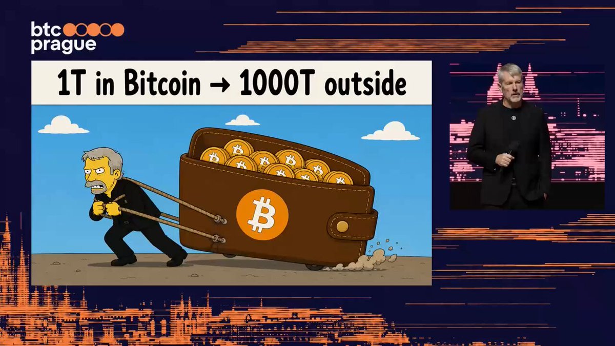 The image shows a cartoon depiction of a man pulling a large amount of money out of an open wallet. The wallet contains Bitcoin coins, which are being pulled out by the man. The scene takes place outside, with a city skyline visible in the background. The image is related to the post because it features a character from "The Simpsons" named Michael, who has dropped a $BTC RAP video onto the screen. This video is about Bitcoin Capitalism and its impact on society.