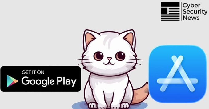 A promotional graphic featuring a cute white cartoon cat with Google Play and App Store download badges, branded with 'Cyber Security News' in the top right.