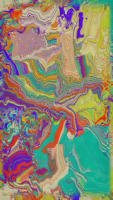 An abstract, psychedelic artwork featuring swirling, textured patterns in vibrant colors including teal, purple, red, orange, and green.