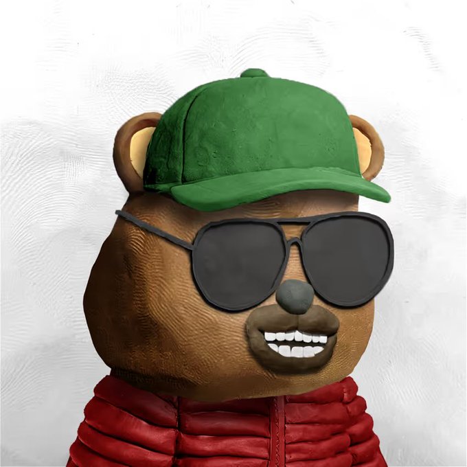 A 3D rendering shows a brown bear character wearing a green baseball cap, black aviator sunglasses, and a red puffer jacket.