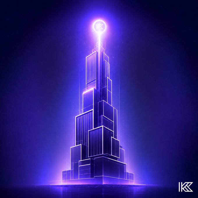Digital artwork featuring the Ikon (IKON) logo atop a glowing, futuristic skyscraper rendered in neon purple and blue lines against a dark background.